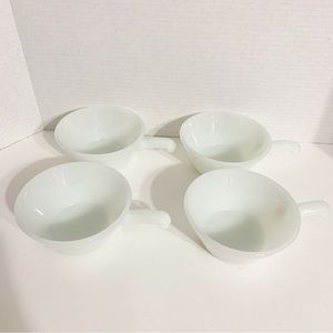 Vintage Fire King Set of Four White Milk Glass Bowls w Handles Cereal Soup Chili